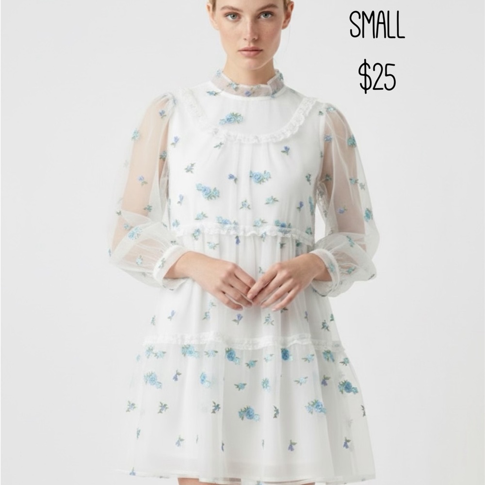 Sister Jane White Dress with Blue Floral Embroidery